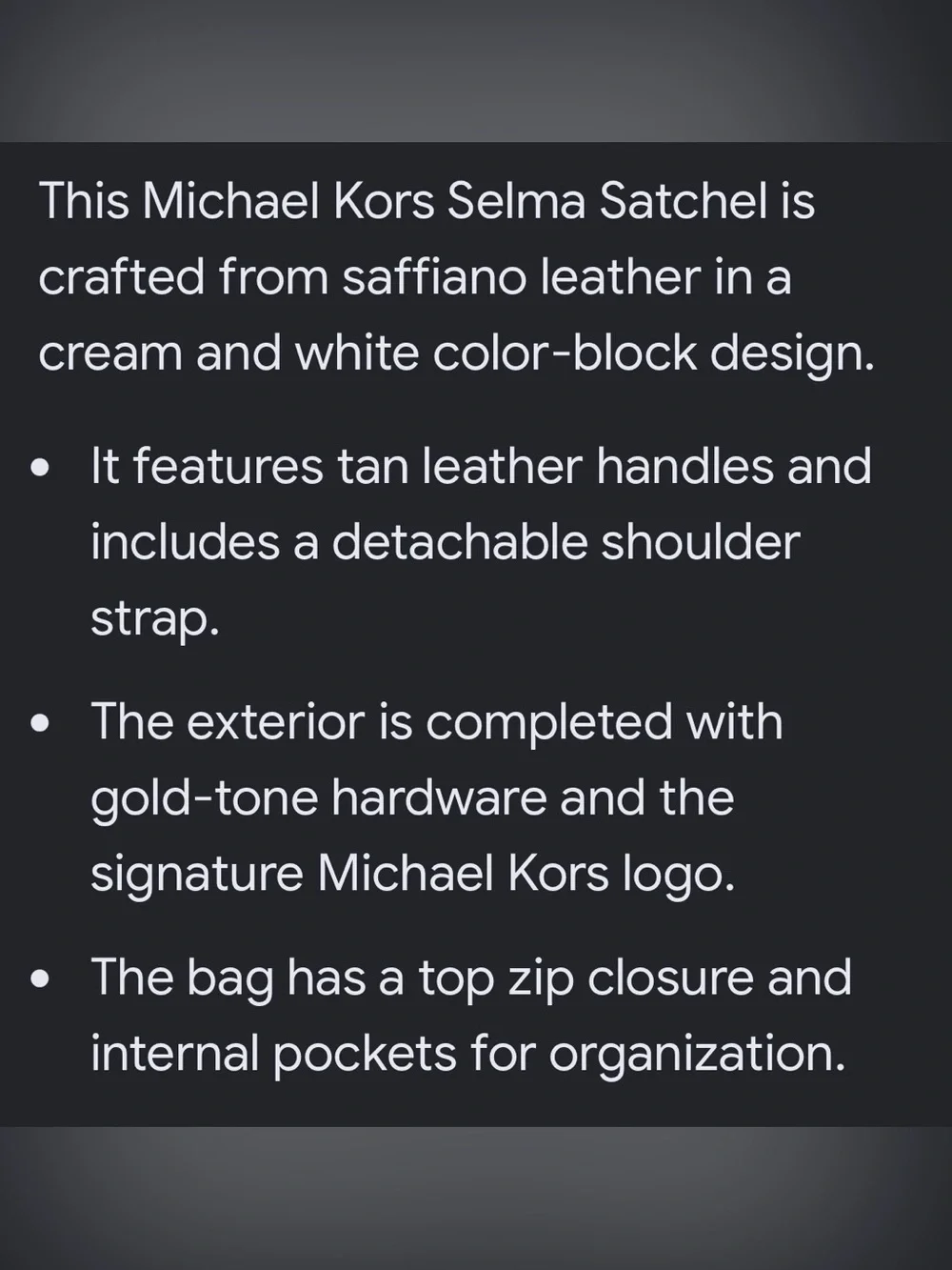Michael Kors Selma Tan and White Saffiano Leather Satchel